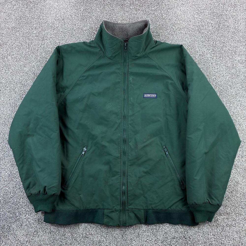 Vintage Lands' End Squall Jacket Men's Large Tall Green Gray Fleece Warm Up Zip